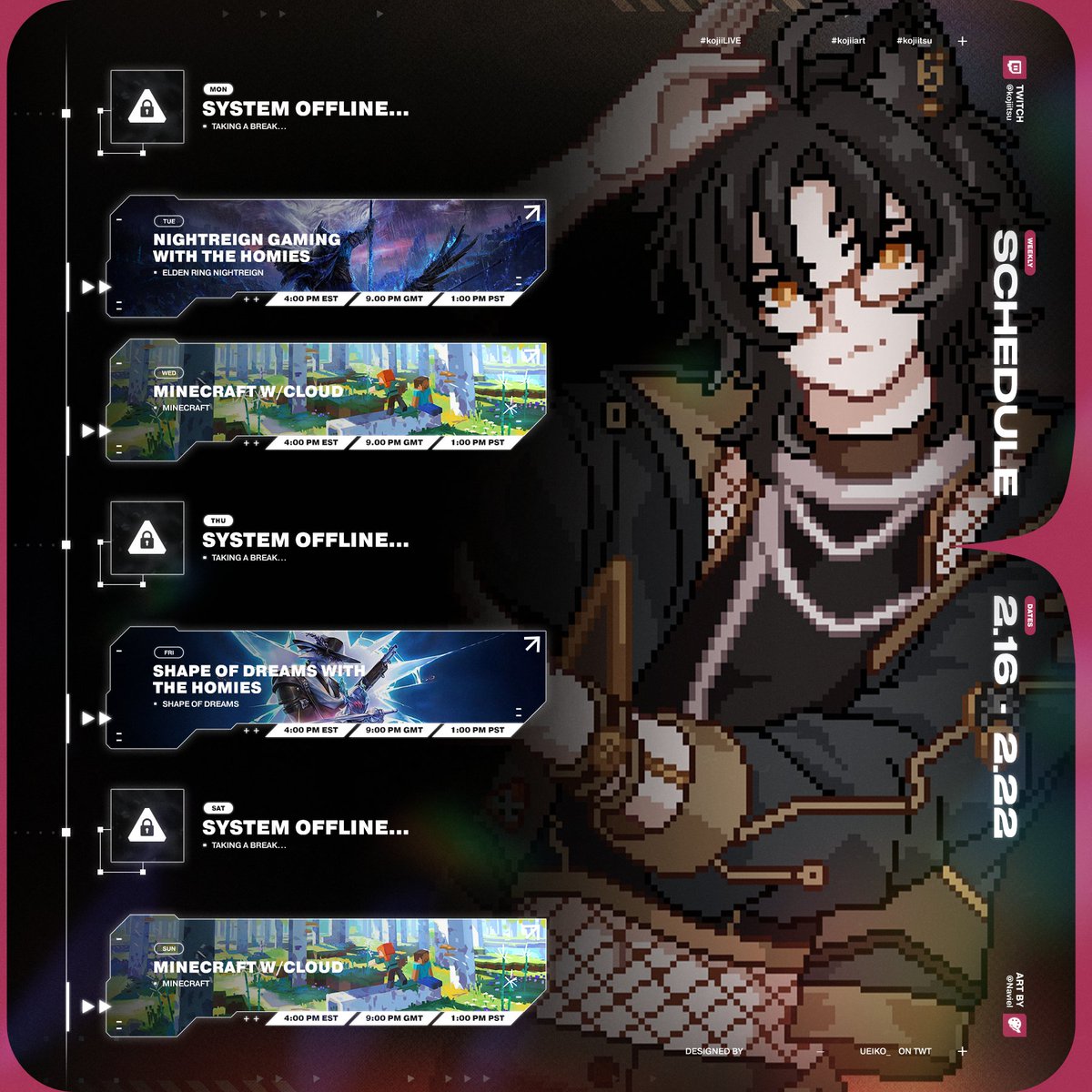 Here's the schedule for Donothon Week 1!

Make sure to send me some stream ideas. I'd love to try some different types of content for these couple of months c:

First kind of major thingy we're gonna be doing is helping <a href="/CloudyMarsu/">🐾☁️Cloud !! 🐾☁️</a> beat the Ender Dragon for the first time!