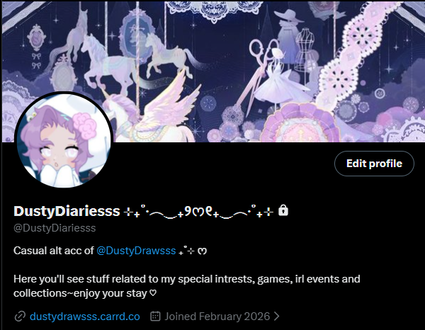 Alt acc finally up and running~<3! 
Will start posting occasionally on there starting today when i have stuff to share (ㅅ´ ˘ `)~!

Friends and mooties, feel free to follow if any of the topics i have planed peeks your interest, tyty~⋆.𐙚 ̊

˙⟡ ʚ Alt acc: <a href="/DustyDiariesss/">DustyDiariesss ⊹₊˚‧︵‿₊୨ᰔ୧₊‿︵‧˚₊⊹</a> ɞ ˙⟡