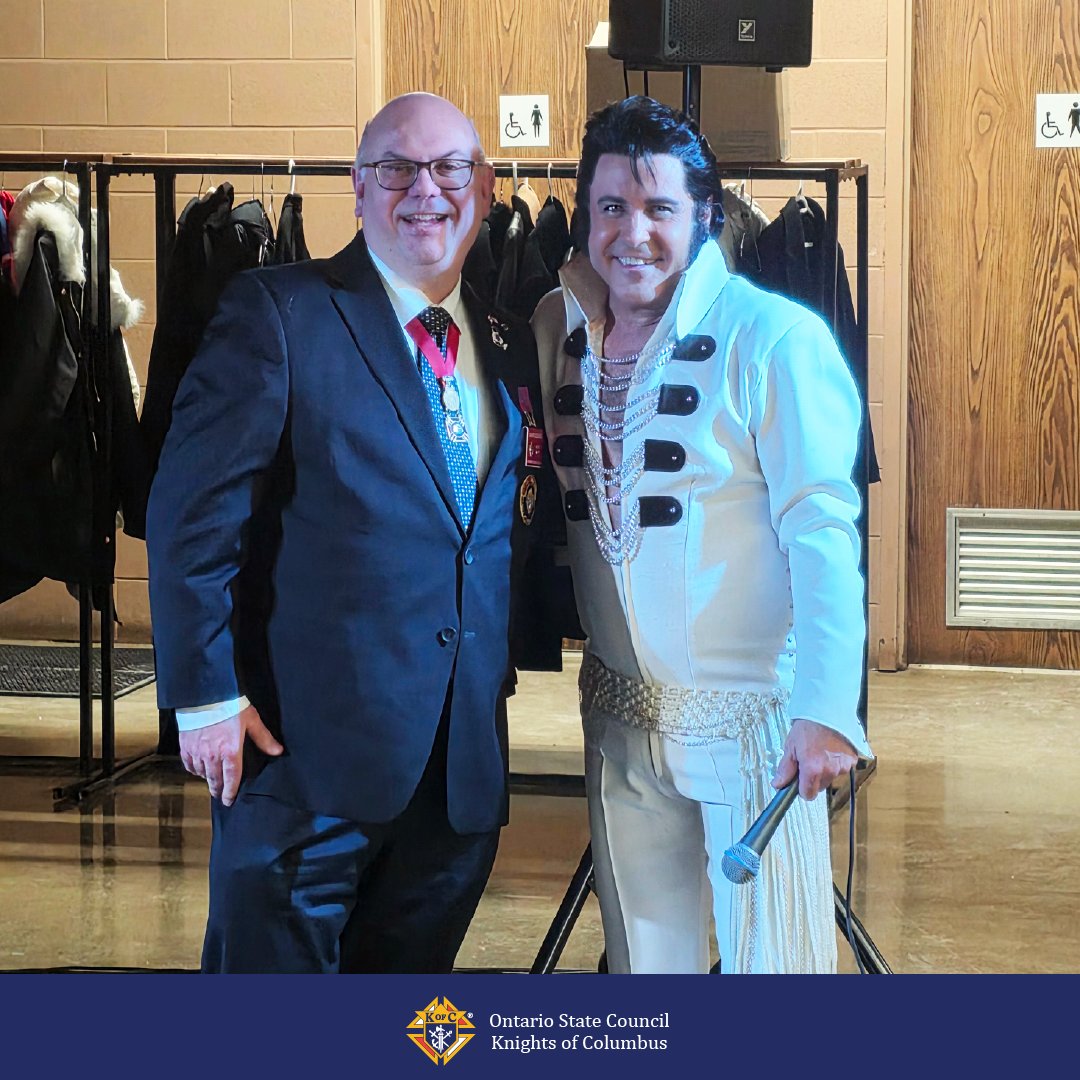 State Deputy David Gelinas met Elvis at the Francis J. Clarke Council #5350 (#Harrow) &amp; St. John de Brebeuf Council #8233 (#Kingsville) combined #banquet on February 7 at the Harrow Agricultural building. After an hour-long performance, Elvis did leave the building. 🎤✨