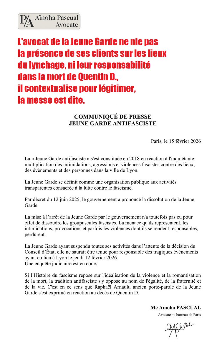 L'AVOCAT DE LA JEUNE GARDE ENTERRE LA JEUNE GARDE... ET LFI
👉 Merci à Me Aïnoha Pascual, avocate de La Jeune Garde, pour ce communiqué de presse rappelant : 
1⃣ que ce groupuscule est légalement dissout depuis le 12 juin 2025... et que par conséquent toutes les communications