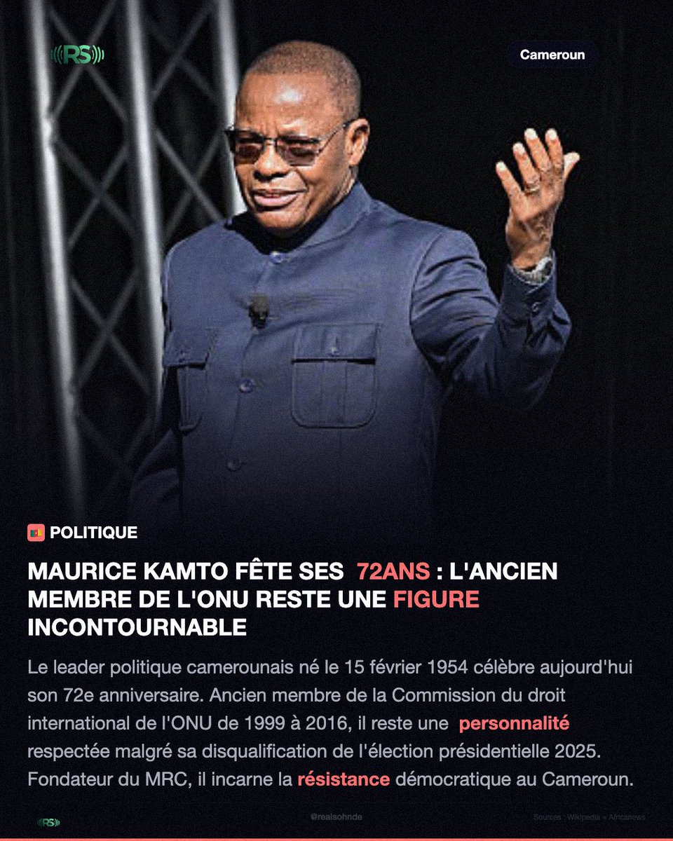 sohndelevrai's tweet photo. 🚨 POLITIQUE : L'opposant camerounais Maurice #Kamto fête ses 72 ans ce 15 février 2026 ! 🇨🇲🎂
Disqualifié lors de la présidentielle 2025, le leader du #MRC et ancien membre de la Commission du droit international de l'#ONU reste une personnalité politique majeure, incarnant la "résistance démocratique" face au pouvoir.
📲 Portrait complet sur notre plateforme ➡️ https://t.co/abmAc0DfIJ
#Cameroun #Politique #Yaoundé