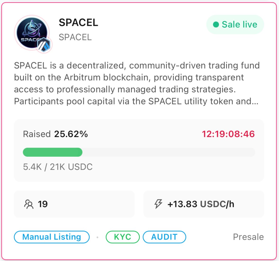 spacel_team's tweet photo. ๐ SpaceL Presale Soft Cap Reached! ๐
Only 12 days left to join! Donโt miss your chance to be part of the journey.
๐ SpaceL Presale : https://t.co/jIdY0O9eIx
#SpaceL #Presale #Crypto #Arbitrum #CryptoLaunch https://t.co/66yLRsaX9g