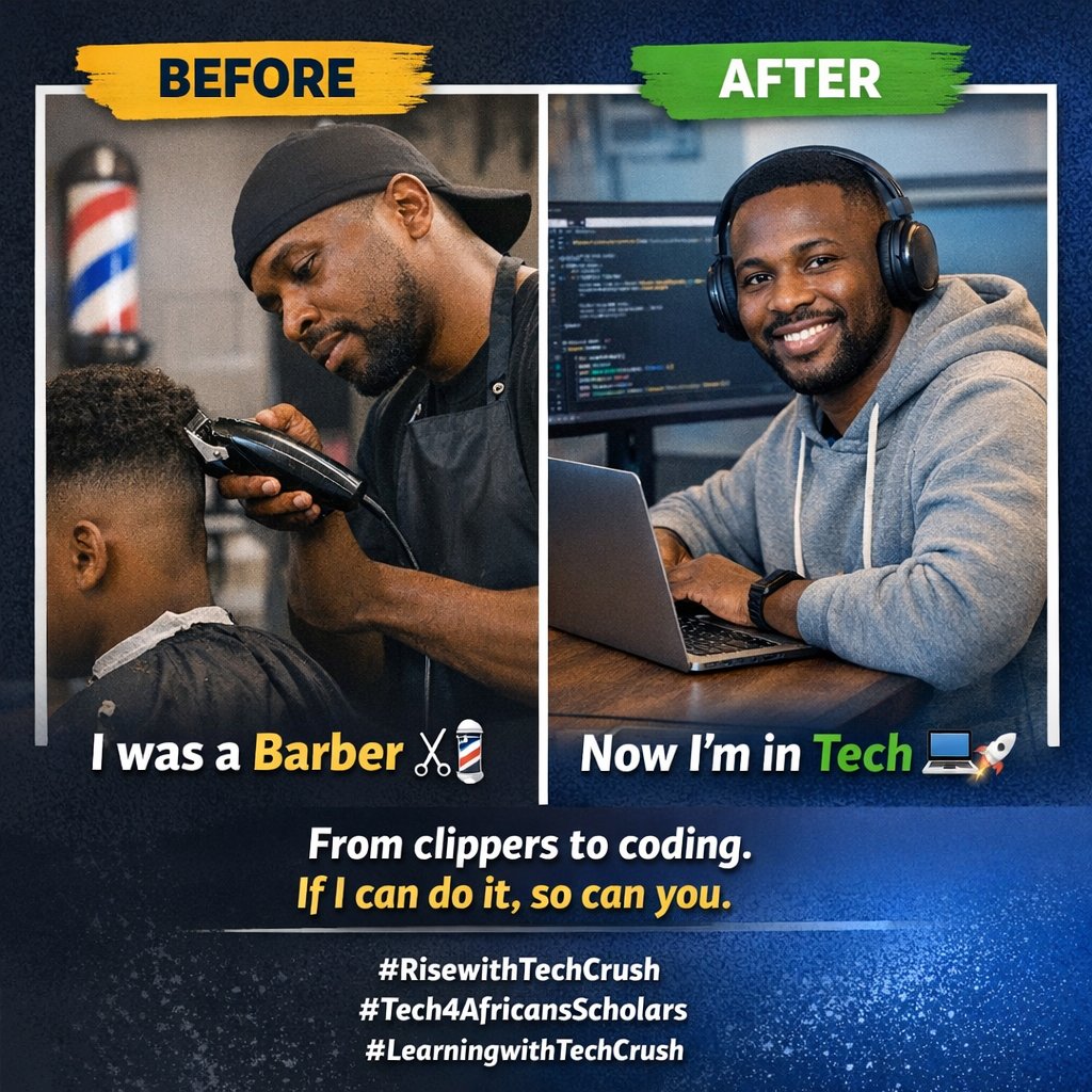 Before tech, I was a barber ✂️💈
Long hours. Big dreams.

I wanted a safer &amp; easier life — so I chose to learn tech 💻🚀

From clippers to coding. This is just the beginning.

#RisewithTechCrush
#Tech4AfricansScholars
#LearningwithTechCrush
<a href="/TechCrushHQ/">TechCrush.pro</a>