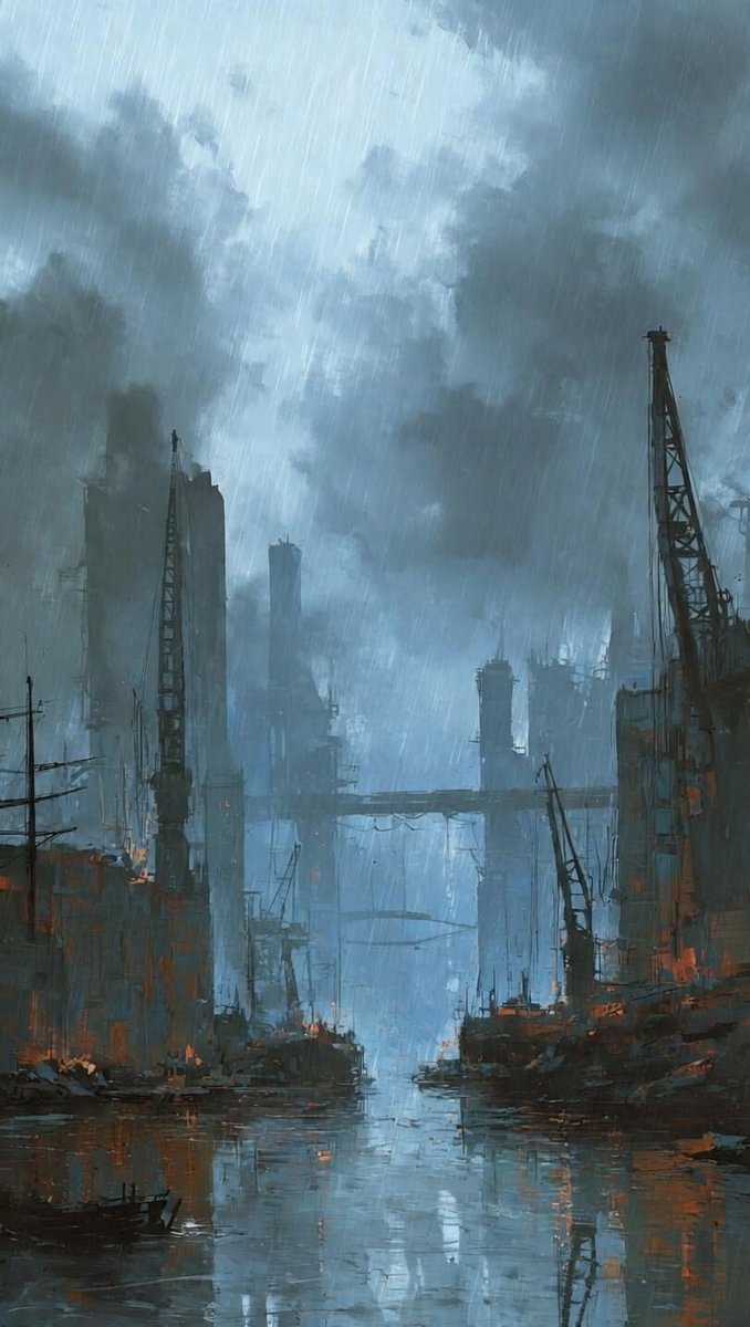 Corroded spines of dead industry.

#postapocalyptic #dystopian #urbandecay #digitalpainting #AIart