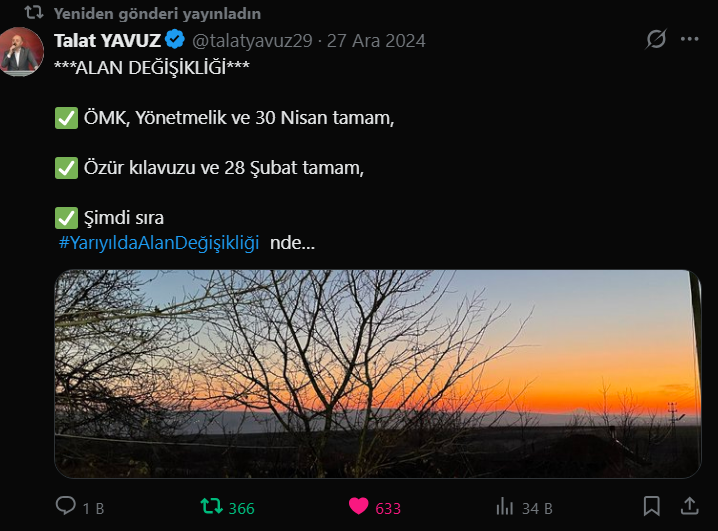 Sn. <a href="/talatyavuz29/">Talat YAVUZ</a>   27 Aralık 2024'te yazdıklarınız... Üzerinden 3 yıl geçti hala #alandeğişikliği yapılmadı.