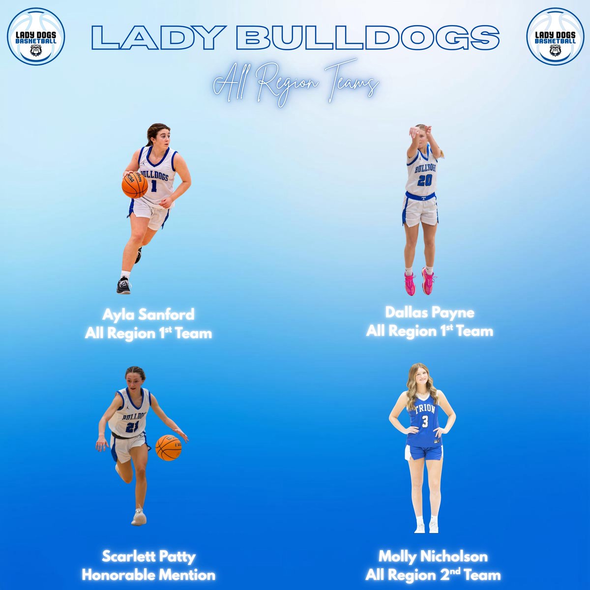 TCSLadyDogsBB's tweet photo. Here are your All Region Players! We are so proud of these four!🏀💙🐾
#practicelikeadog https://t.co/1EEF00BERs