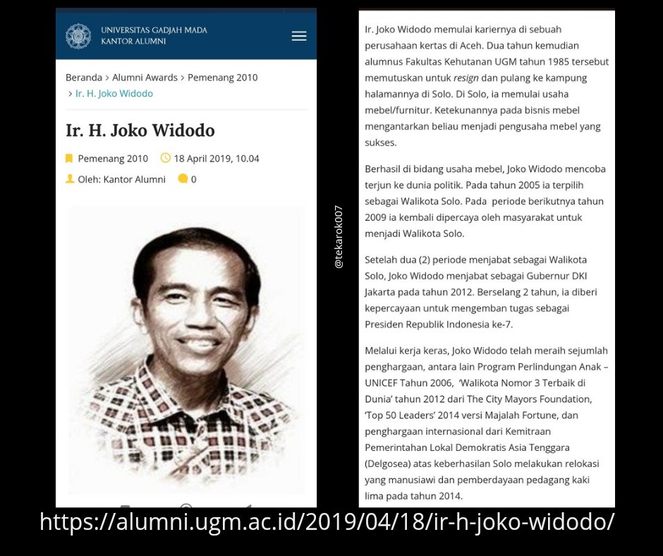 Ternyata Jokowi (Ir. H. Joko Widodo) pernah menjadi pemenang:
"UGM Alumni Awards tahun 2010"

Award ini diberikan saat Jokowi masih Wali Kota Solo, jauh sebelum jadi  Gubernur Jakarta apalagi Presiden.

Jokowi itu emang terlahir buat jadi pemenang dah.
(Link TKP di komentar)