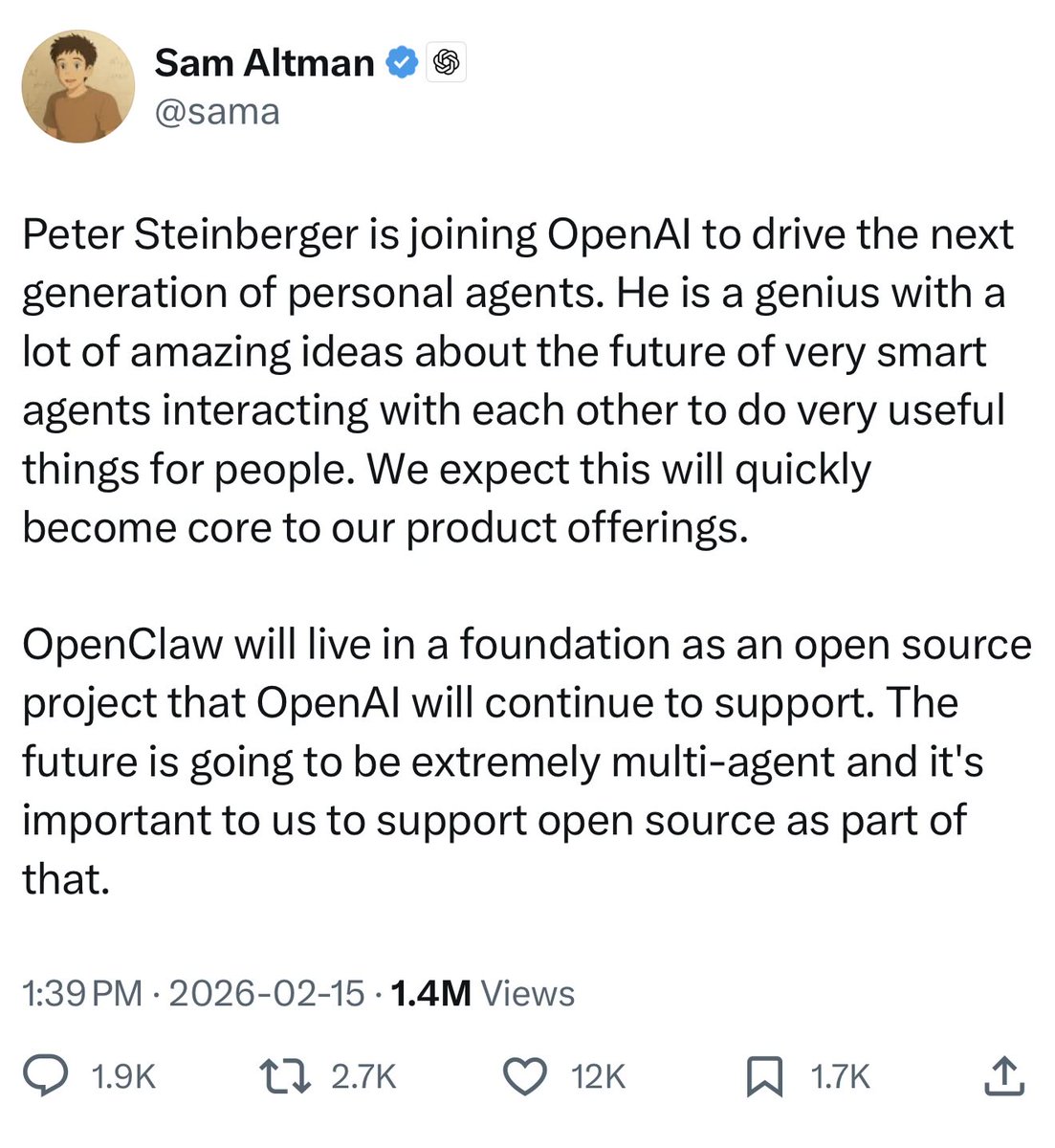 OpenClaw 開發者 Peter Steinberger 要加入 OpenAI 了！OpenAI 會繼續支持 OpenClaw 的開發