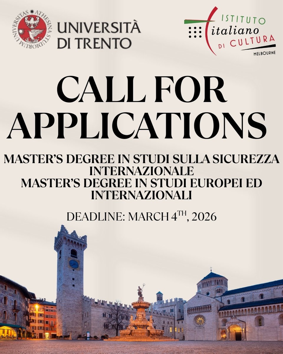 iicmelb's tweet photo. IIC Melbourne is glad to share that the call for application for the Master’s Degrees in Studi sulla Sicurezza Internazionale and in Studi Europei ed Internazionali at the Università di Trento is now open.

Learn more:

https://t.co/Dr9JHRPnFa

https://t.co/60OfZqDfYj https://t.co/KoBsuxOUmw