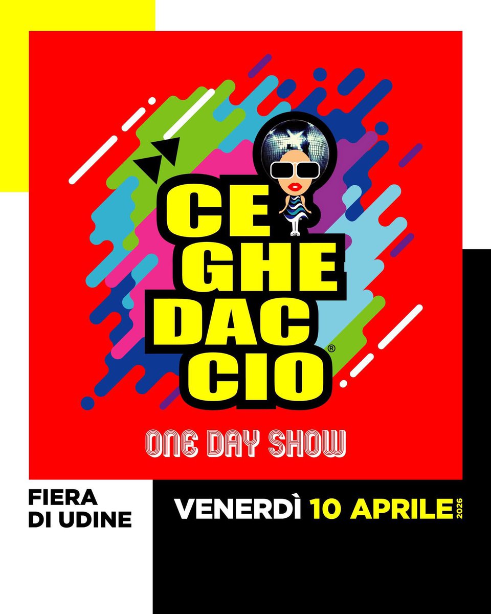 Venerdì 10 aprile 2026 📆
CEGHEDACCIO ❤️
“One Day Show” 🪩

Dalle 20.00 alle 01.30 ⏰
Fiera di Udine 📌

La musica, lo stile e l’atmosfera degli anni ’70 ’80 ’90! 💃🎶🕺

🎟️ Biglietti:
👉 bit.ly/Ceghe_Biglietti

#Ceghedaccio #OneDayShow #Ceghedaccio10aprile2026
