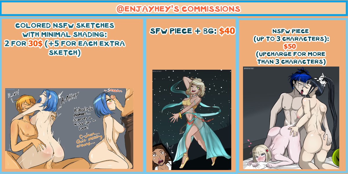 EnjayHey's tweet photo. New commission pricing is now available! Want something made just to your liking by me? Don't hesitate to ask! If there's anything i haven't listed here or you'd like to negotiate something, let me know! https://t.co/6u5C1gmobY