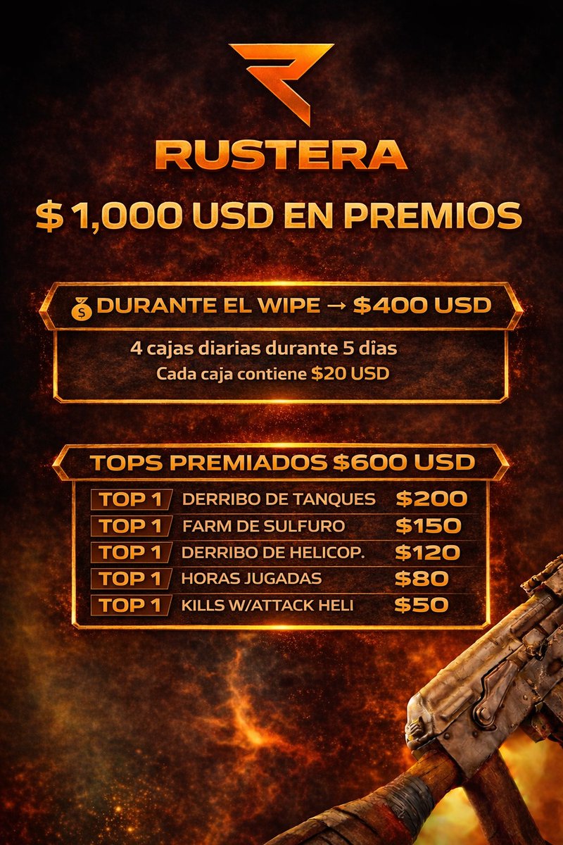 PRIZEPOOL RUSTERA

Llegamos a nuestra apertura con un nuevo formato de wipes exclusivos, los cuales incluirán prizepool al menos una vez al mes.

📅 Este 26/02 será el primer wipe bajo esta modalidad.

💰 Prizepool Total: $1,000 USD

Cajas distribuidas por el mapa -$400 USD

A lo