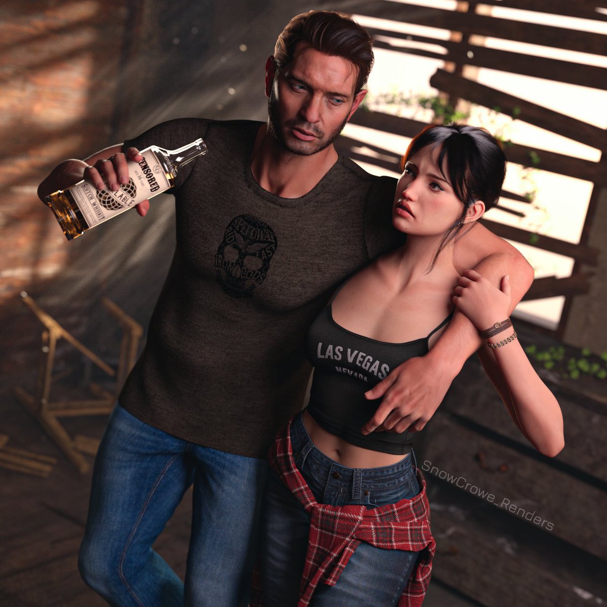 SnowCrowe's tweet image. Ryan not taking his break up with Esta well. But Ellie has his back, even though they broke up because of Esta. It's a mess...😅

*Ryan model done by @yamrouser18906    

---
*Please do not repost my art without credit. My art is not ai*  #DazStudio  #DeadIsland2 #DeadIslandOC
