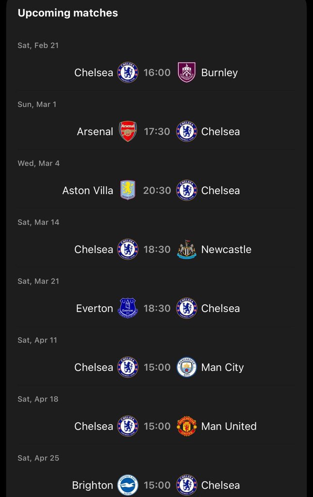 Chelsea is definitely winning all the remaining games especially that game against arsenal. Arsenal won't know what hit them!