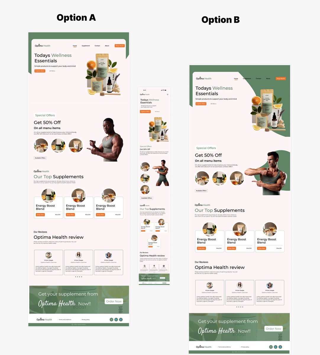 mirianosagie's tweet image. Designed a landing page for a wellness brand. Which option is best? A or B?
#WebDesign #uxui #figma #landingpage