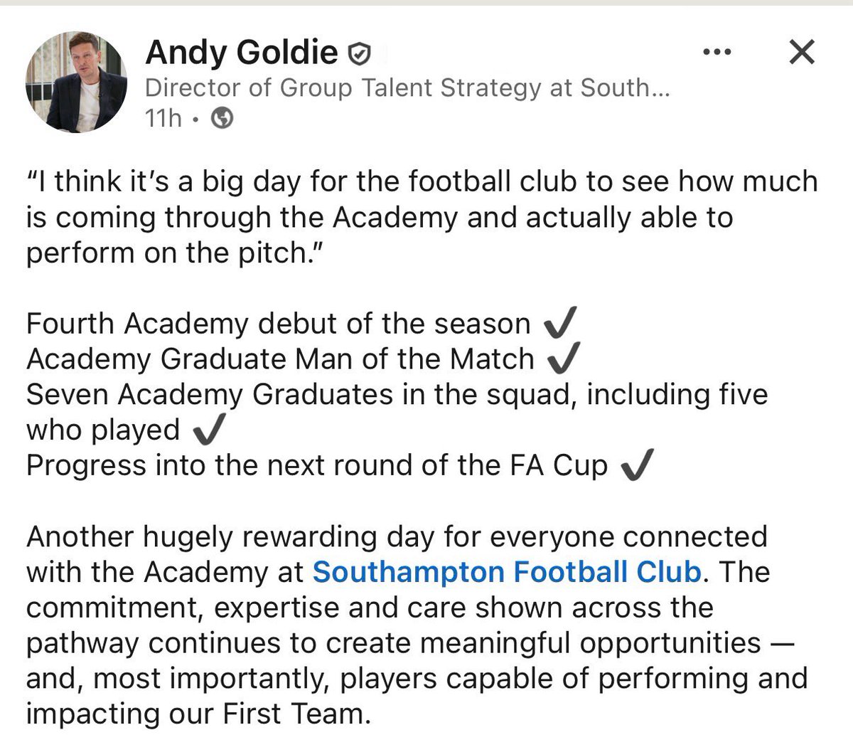 JustSaints_'s tweet photo. 📲 Andy Goldie on LinkedIn. 

#SaintsFC https://t.co/bFwnu7XluN