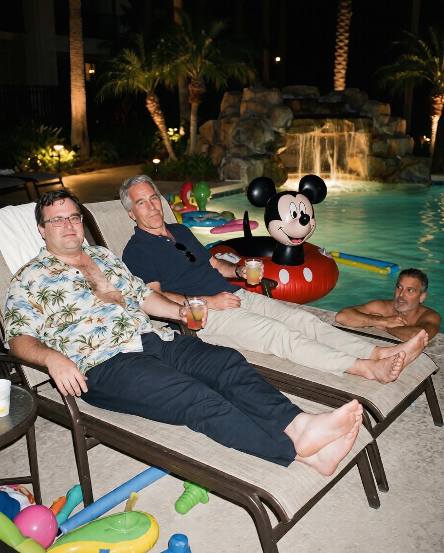 George Clooney aparece en la lista Epstein, aquí lo vemos en una alberca junto a Epstein.