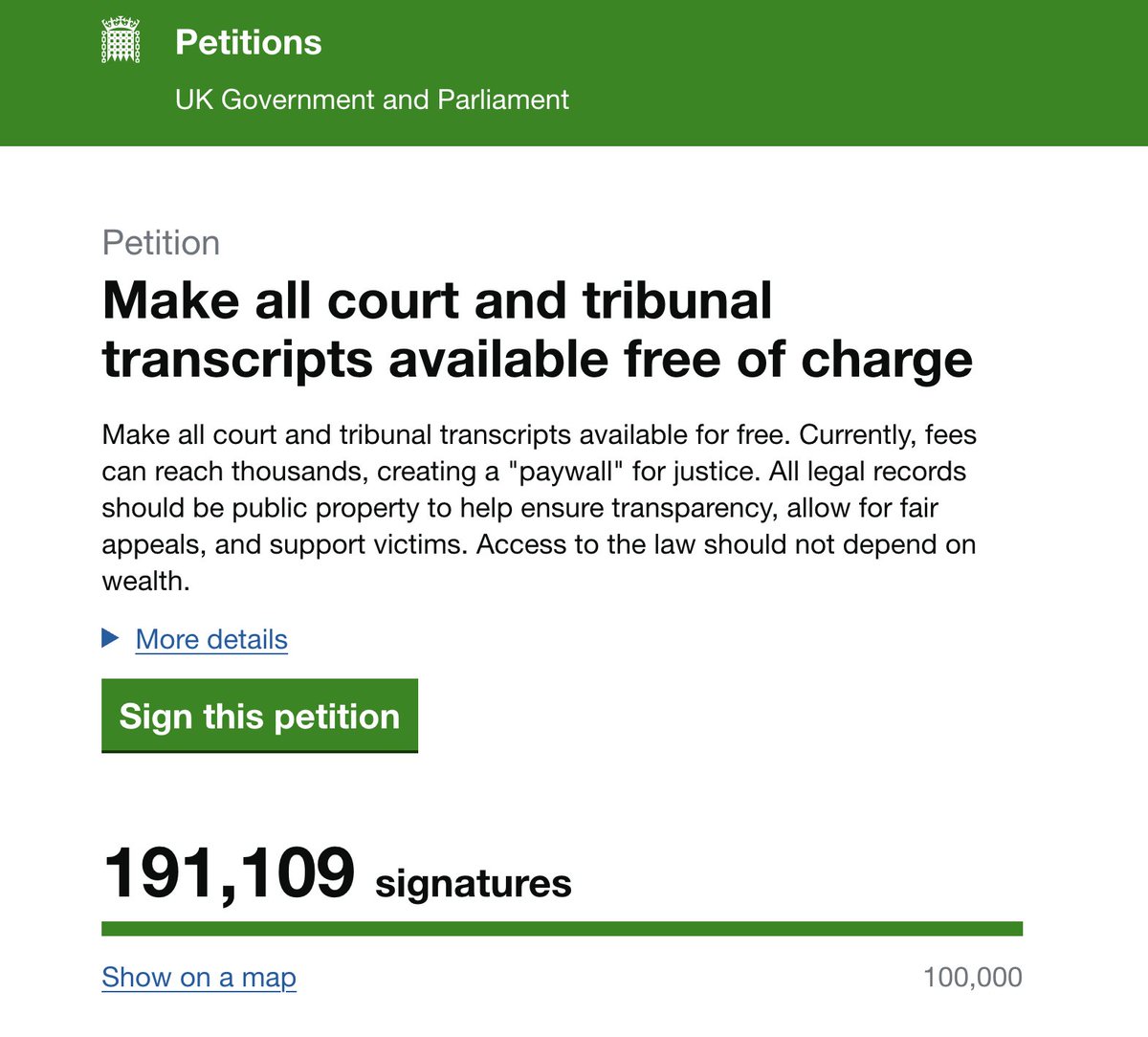 Almost 200,000 signatures! Let's keep this moving!
Thanks again to <a href="/RupertLowe10/">Rupert Lowe MP</a> and <a href="/RestoreBritain_/">Restore Britain</a> for the support 

All Court and Tribunal Transcripts should be free of charge! 👇 Sign it now and pls share.
petition.parliament.uk/petitions/7560…