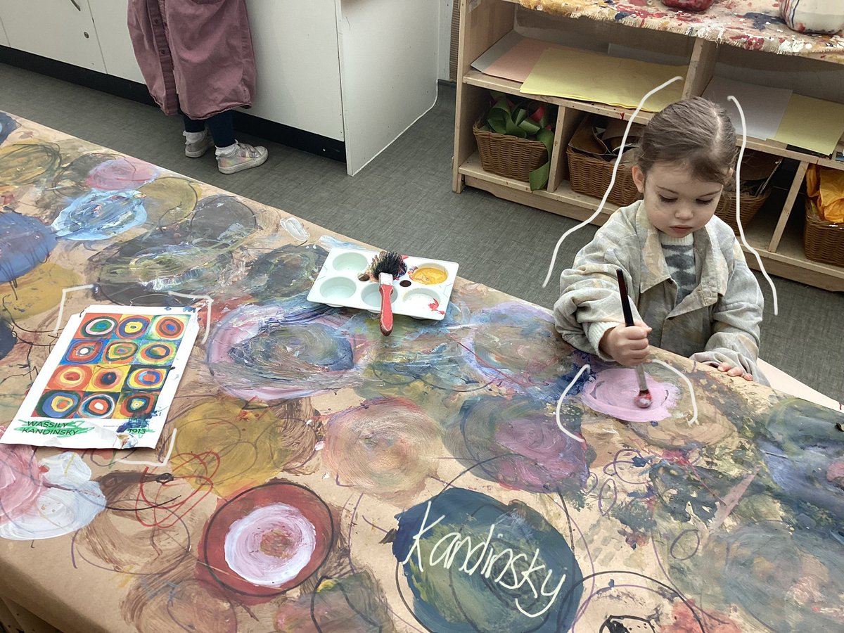Marresshouse's tweet photo. Our enquiry into circles led to studying Kandinsky with Emma to extend our learning. Using #expressivearts as a vehicle to develop our #Mathematics and #Literacy (pt.2). 

#theearlyyearsstudio #enquirybasedlearning #earlymarkmaking #earlyliteracy #beingme @elcc_nac https://t.co/XKXfQXz7ZE