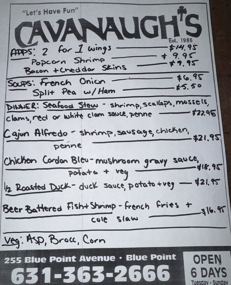 CavanaughsPub's tweet photo. Sunday Always 2 for 1 Wings &amp; Tonight’s Dinner Specials. Kitchen Serving Till 9:30pm. #cavanaughs #Bayport #BluePoint https://t.co/cRn9IZWY1k