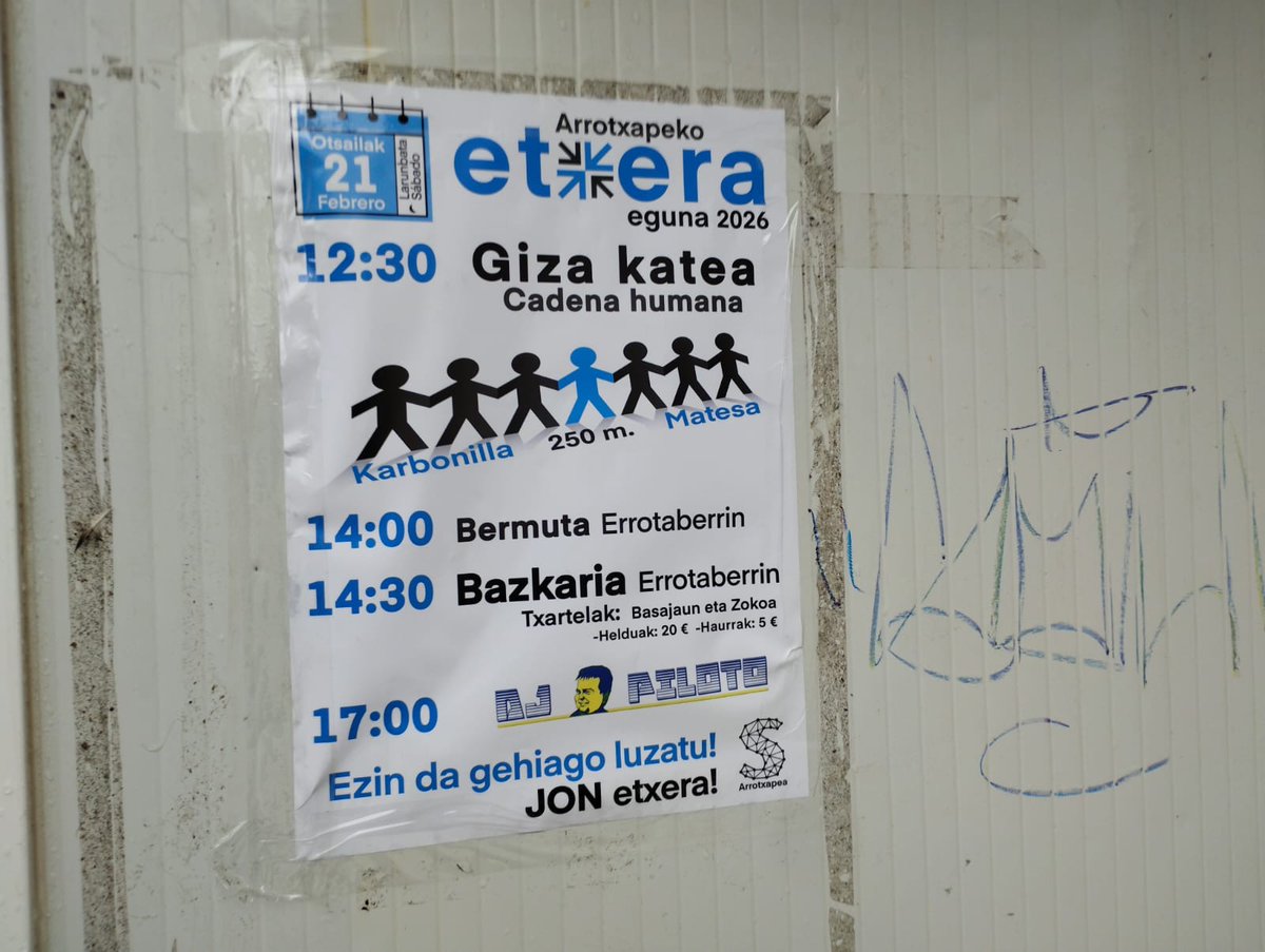 SareArrotxapea's tweet photo. Arrotxapeko Etxera eguna 2026
#EzinDaGehiagoLuzatu
#JonRubenachEtxera
#Konponbidea #Bakea
#Elkarbizitza #Etxera https://t.co/oNksQzbMn3