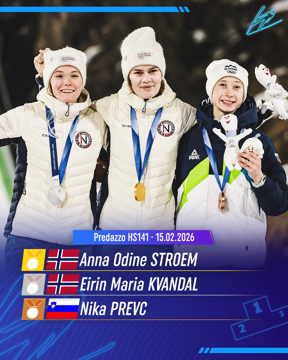 Skijumpingpl's tweet image. TOP3 - OWG #MilanoCortina2026 15.02.2026:

🥇🇳🇴 Anna Odine #Stroem
🥈🇳🇴 Eirin Maria #Kvandal
🥉🇸🇮 Nika #Prevc

Congratulations! #skijumpingfamily