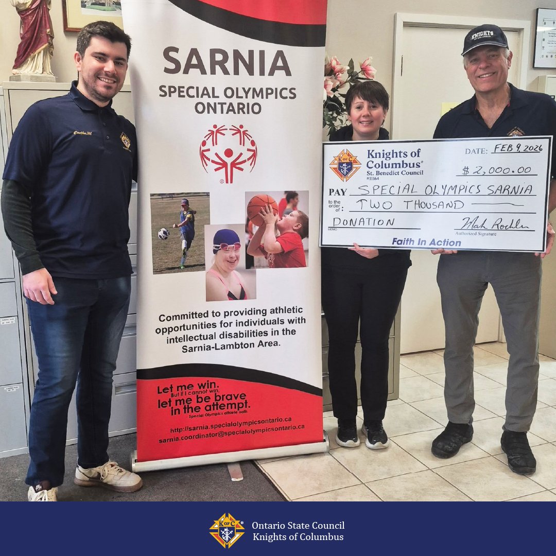 St. Benedict Council #11164 (Sarnia) #FaithInAction! 🙏
The council donated $2,000 to #SpecialOlympics Sarnia to support athletes traveling to the National competition in Red Deer, Alberta. 🏅💙

#Community #Support #KnightsOfColumbus
