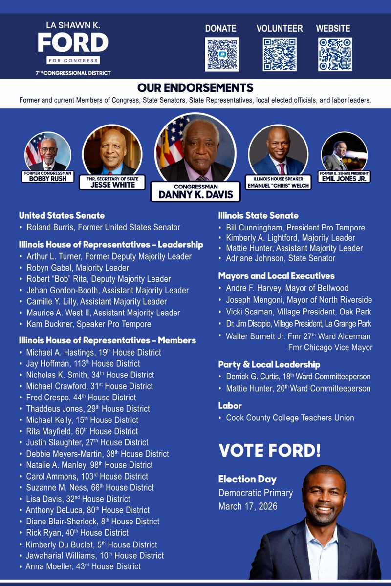 I’m honored to have the support of leaders across our district, including Congressman Danny K. Davis, Jesse White, Bobby Rush, Roland Burris, Speaker Chris Welch, and many local elected officials and labor leaders.

Now I’m asking for your support.

Punch 31.
#LaShawnFord #IL07