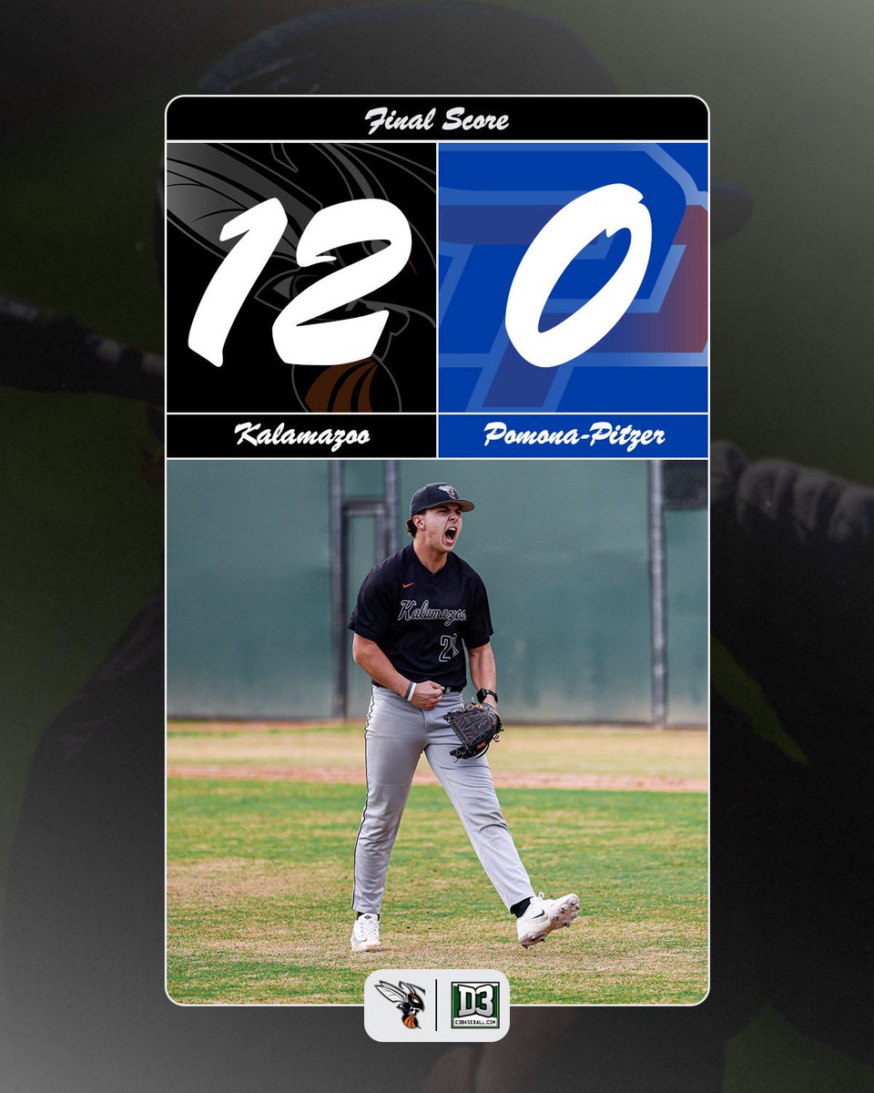 Kalamazoo completed its West Coast sweep by defeating #19 Pomona-Pitzer by a score of 12-0. The Hornets return to action next weekend in Kentucky. 🐝⚾️

#d3baseball