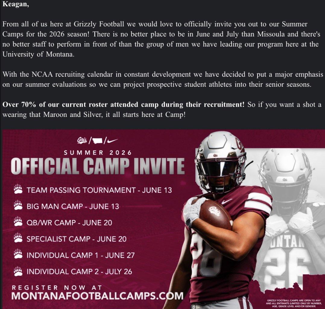 Thank you so much <a href="/KeatonJ_3/">Keaton Johnson</a> for the offical camp invite! 
<a href="/MontanaGrizFB/">Montana Griz Football</a> <a href="/Coachbk_griz/">Bobby Kennedy</a> <a href="/CoachBrentMyers/">Brent Myers</a> <a href="/Tos93/">Coach Santos Carrillo</a>