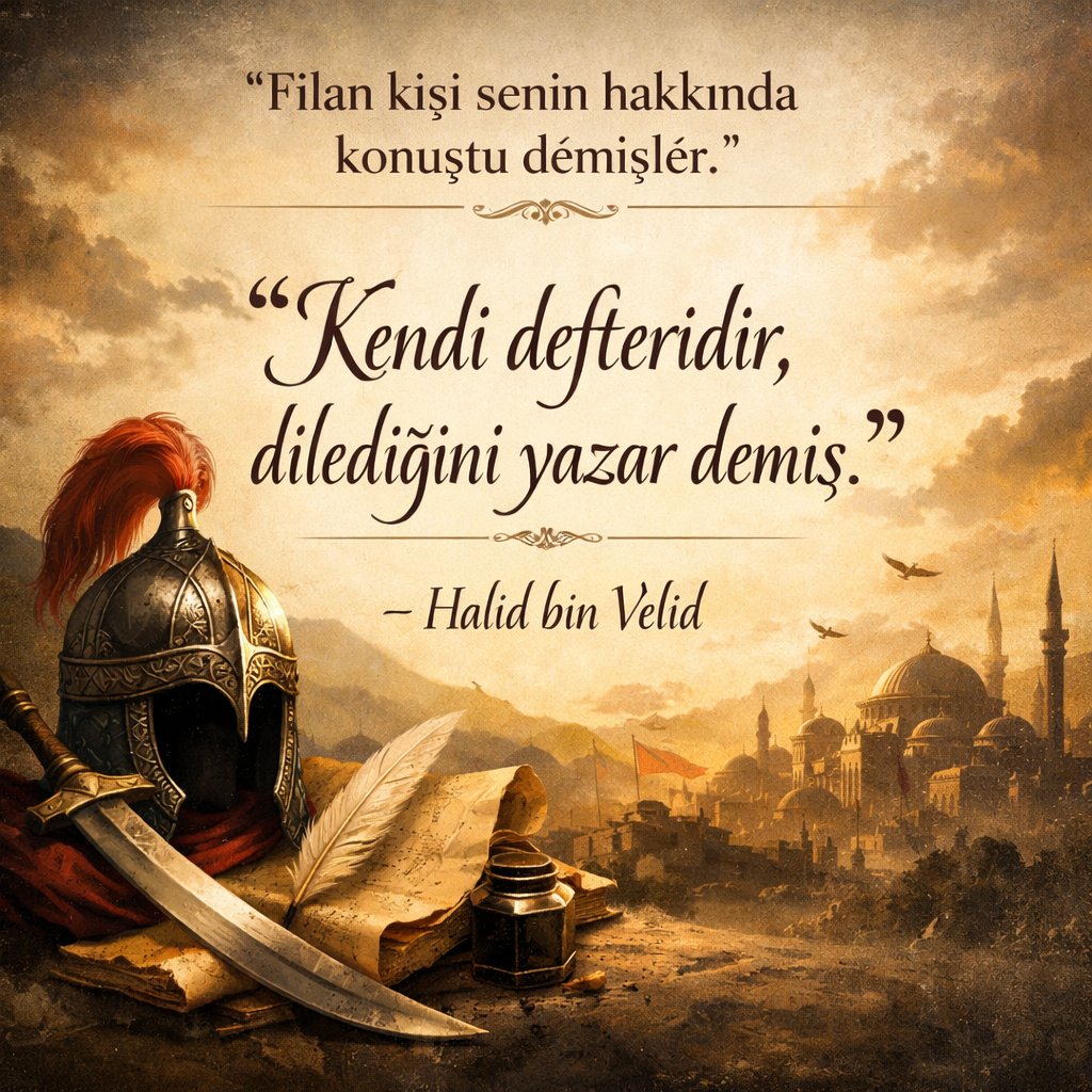 Halid bin Velid e
"Filan kişi senin hakkında konuştu."
Demişler. 
"Kendi defteri dir. Dilediğini yazar demiş. "

Hayırlı geceler..