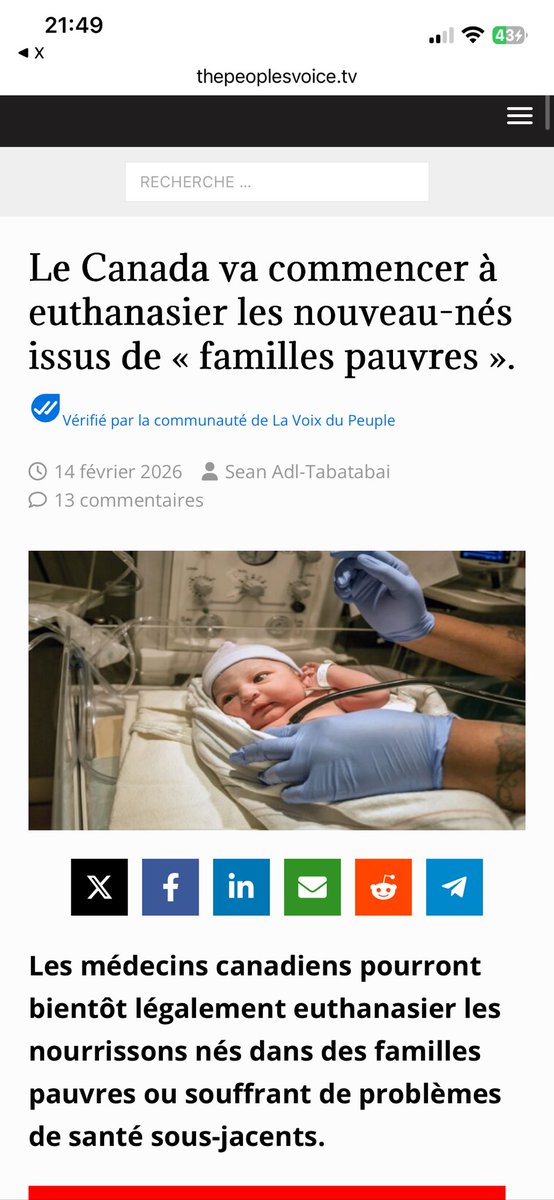 Euthanasie de bébés 👶, Quelle société de malades !!😱
🇨🇦Le Canada va commencer à euthanasier les nouveau-nés issus de « familles pauvres ». 
thepeoplesvoice.tv/canada-to-begi…