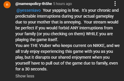 Ban interruptions from my mom who is SICK, hm? Nah GTFO. My community knows I take care of my sick mom and they are okay with it. She has no one else but me. Whether I'm playing NIKKE, WuWa, whatever, I'll always put my family first, gtfo. Play the game yourself in this case.