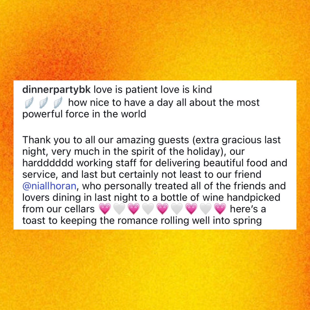 Niall Horan bought a bottle of wine for all of the guests at Dinner Party restaurant in Brooklyn on Valentine’s Day.