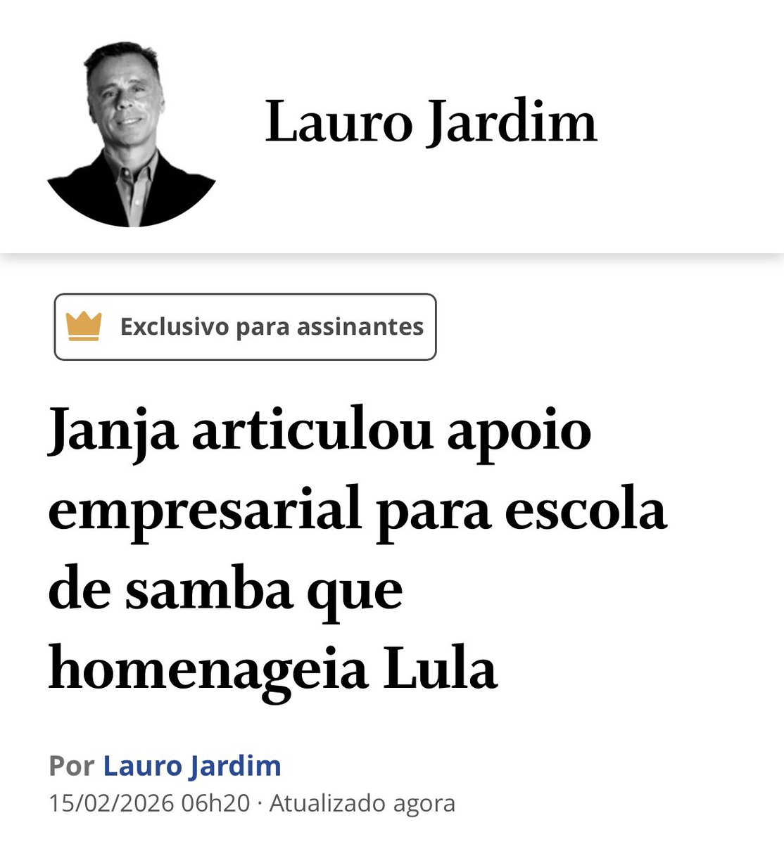 🚨Lauro Jardim: Janja articulou apoio empresarial para escola de samba que homenageia Lula

Janja passou o chapéu para alguns empresários mais próximos de Lula para doarem recursos para a Acadêmicos de Niterói, escola que desfila hoje na Marquês de Sapucaí com o enredo "Do alto