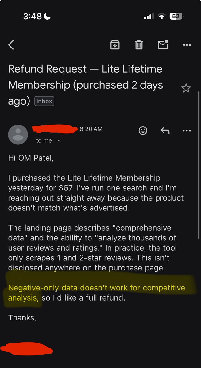 om_patel5's tweet photo. a user asked for a refund because my tool only analyzed negative reviews and not the positive ones

they wanted to see what users actually LIKE about other mobile apps too

they were right. i missed it.

so i turned on my scrapers to pull all reviews. 

1 star to 5 stars. running 24 hours for the next 3 days scraping hundreds of thousands of app store comments as we speak.

now you can see:

> what users hate (1-2 stars) to find what to fix
> what users love (4-5 stars) to find what to keep
> full competitive analysis on any app in any niche

one refund request just made the entire product 10x better

listen to your users. even the ones leaving.