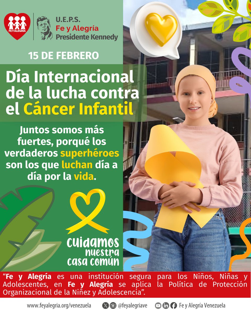 🎗️ Detrás de cada pequeña sonrisa, hay un guerrero gigante.
En el Día Internacional de la lucha contra el Cáncer Infantil, honramos la valentía de quienes no se rinden.
En Fe y Alegría ❤️, nuestra bandera es la esperanza y la solidaridad. 💛

#FeyAlegríaVE #15Feb #CáncerInfantil