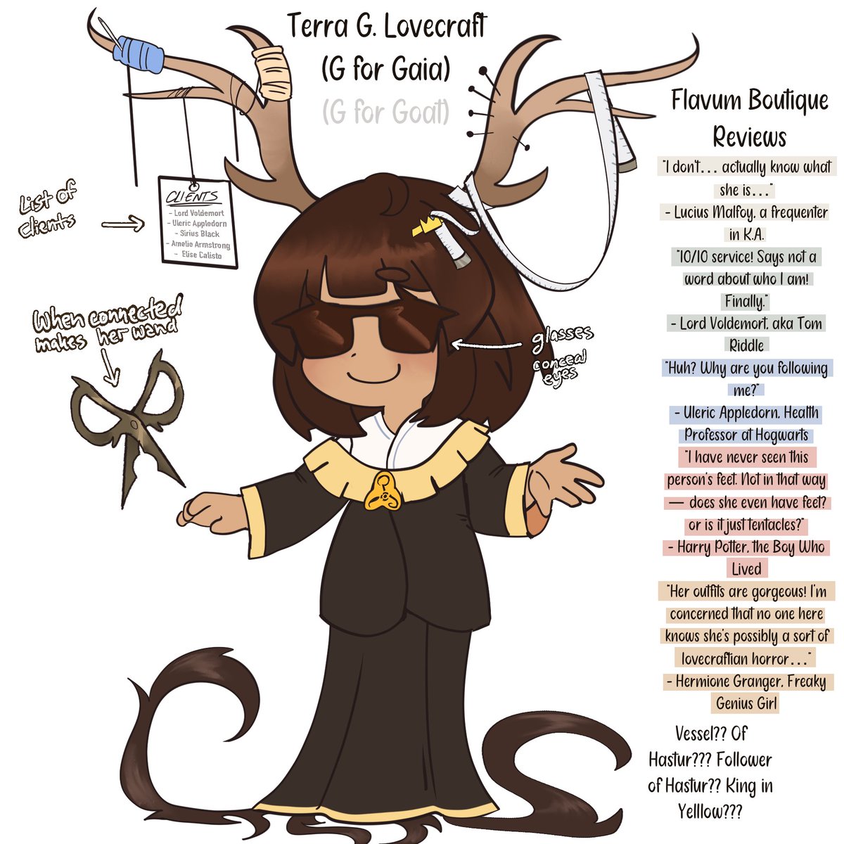 { #sona #originalcharacters #HarryPotter }
stupidest sona ive ever made. welcome the third party tailor of flavum boutique 

#yumetwt