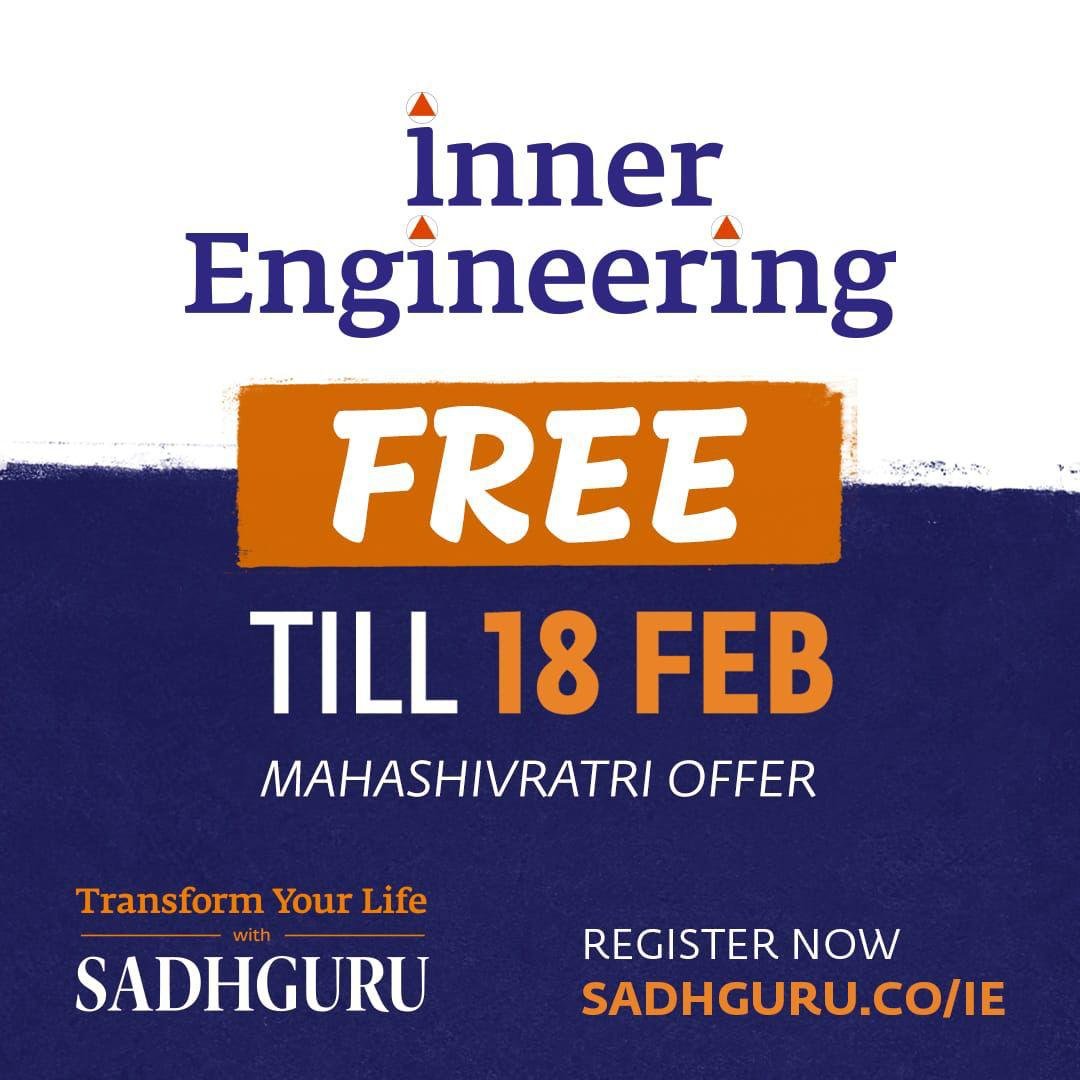 rpradeep45's tweet photo. ✨ FREE Inner Engineering Offer

Sadhguru’s life-transforming program is accessible to everyone from Feb 15–18
How to get it for free: 
1️⃣ Register &amp; pay for IE Online. https://t.co/Kj1LNSj0Ub
2️⃣ Complete all 7 steps within 60 days. 
3️⃣ Get a FULL refund.
Yes, really. 🧘‍♂️
@IshaUSA https://t.co/RCTOP8C48Q