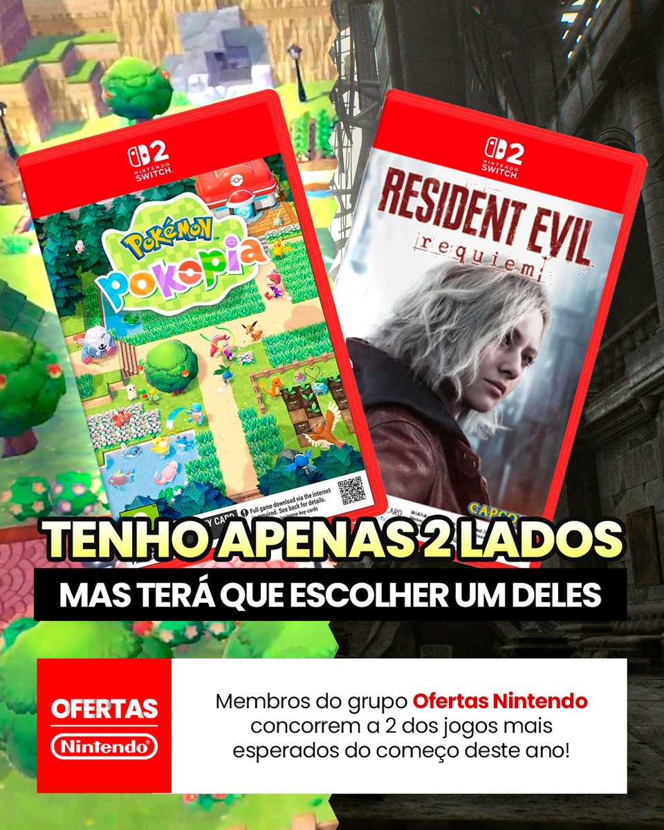 #SORTEIO 🎉
Os membros do Ofertas Nintendo vão poder levar a mídia física de Pokémon Pokopia ou de Resident Evil Requiem. Pra participar, acesse ofertasnintendo.com.br/sorteio, registre seu perfil e comente abaixo qual jogo você escolhe. O resultado sai em 04/03 no período da noite.