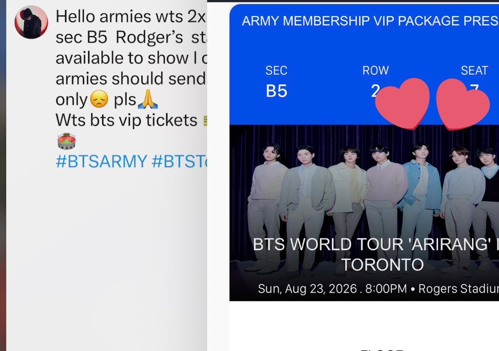 certifiedpancy's tweet photo. Hello armies wts 2x bts tickets Toronto in sec B5  Rodger’s  stadium , valid proof available to show I own them . Interested armies should send a dm serious inquiries only😞 pls🙏
Wts bts vip tickets 🎫 Rodger’s  stadium 🏟️
#BTSARMY #BTSTour2026 https://t.co/7uinNceDsZ