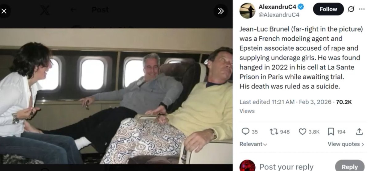 Jean Luc Brunel was actually worse than Epstein, and again somehow hung himself in jail before he could talk.