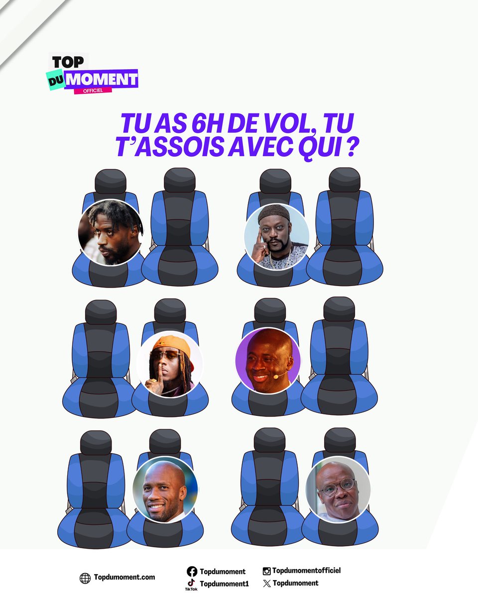 topdumoment1's tweet photo. Tu as 6h de vol ✈️ , avec qui tu t’assois ?
#Sindika #Meiway #Yayatoure #Himra #Drogba #Asalfo https://t.co/k2pF4MAtuO