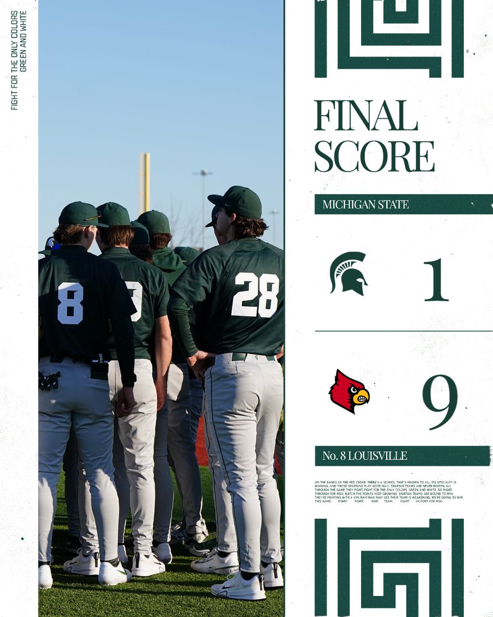 Final score from Louisville:
No. 8 Louisville 9, Michigan State 1

Spartans denied upset sweep of weekend series and dealt 1st loss of season, to finish opening weekend 2-1.

MSU continues road stretch at Top-10 ranked foes, playing at No. 3 Texas next weekend.

#GoGreen