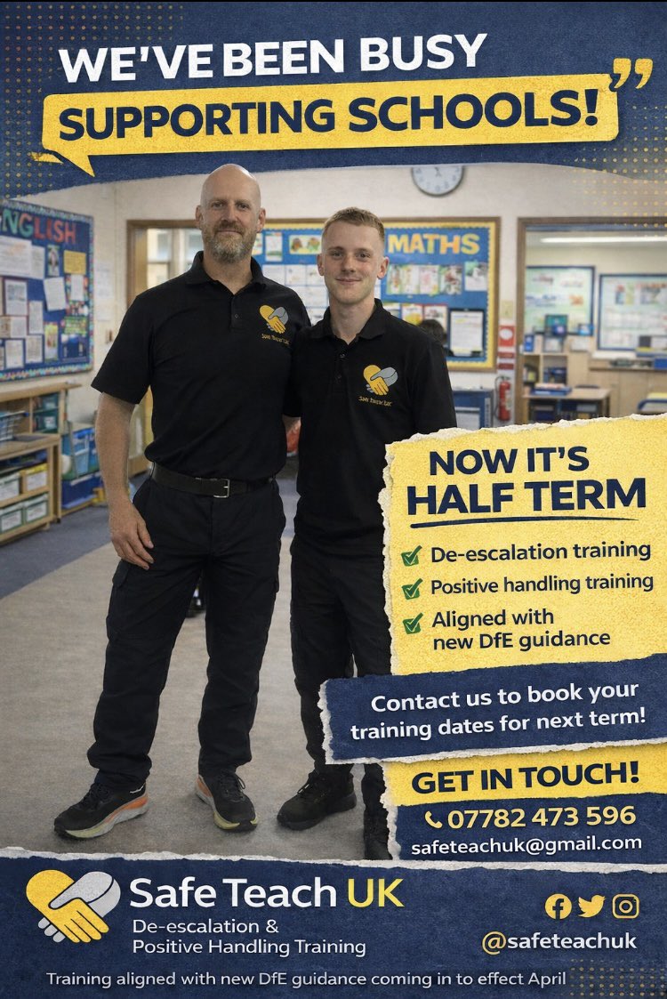 SafeTeachUK's tweet photo. We’ve been quiet on here…

That’s because we’ve been busy supporting schools with de-escalation &amp; positive handling training.

Now it’s half term 👇

If your school needs:
✅ De-escalation training
✅ Positive handling training
✅ Training aligned with new DfE guidance. https://t.co/cIm41Y27Dk