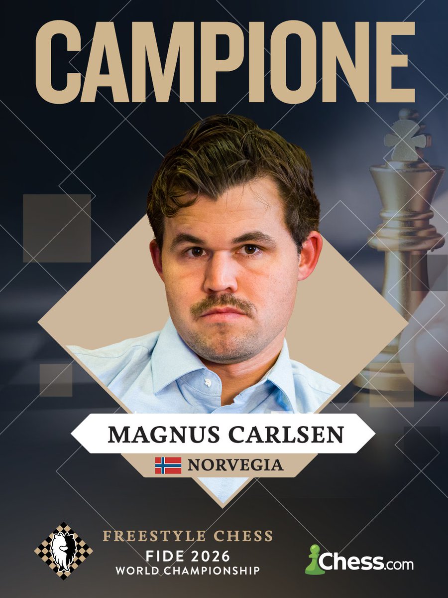 chesscomit's tweet photo. Magnus Carlsen scrive un'altra pagina di storia 🔥

Dopo una battaglia durissima contro Caruana, conquista anche il Campionato del Mondo di #FreestyleChess, aggiungendo un nuovo titolo alla sua incredibile era di dominio.

21 VOLTE CAMPIONE DEL MONDO 🏆 https://t.co/Pgy87d9rNd