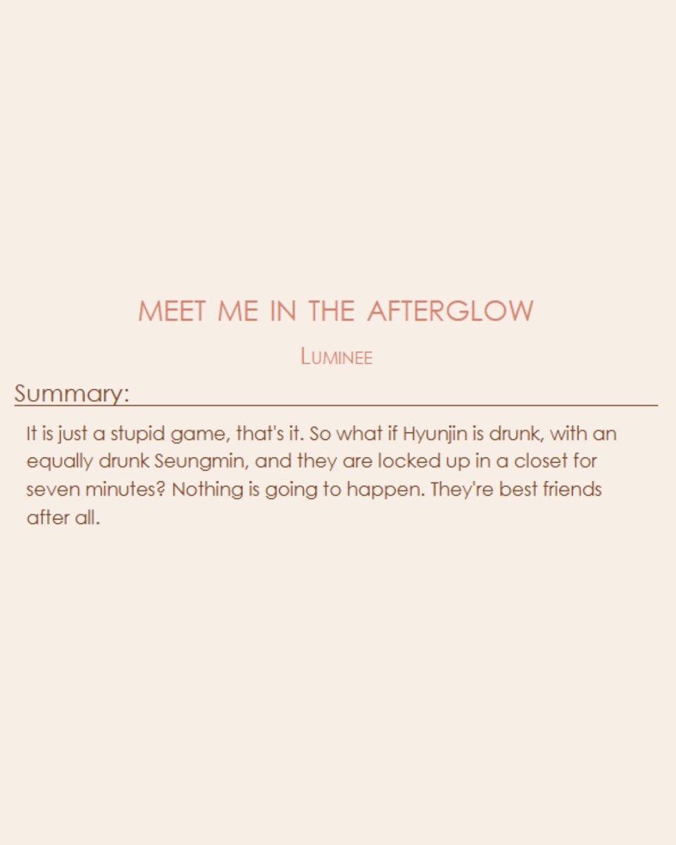 lumineescente's tweet image. meet me in the afterglow
✦ 5kz 
✦ sevngj!n        
✦ 5k
alternate universe college, best friends to lovers, seven minutes in heaven (game), making out, drinking games, love confessions archiveofourown.org/works/79592746