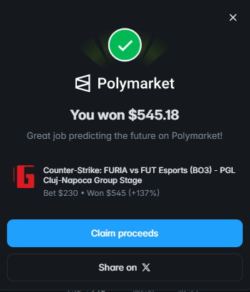 I just won 545.18 on <a href="/Polymarket/">Polymarket</a>!

LEt's go!!!

Join me and put your money where your mouth is: poly.market/tVCSTkQ