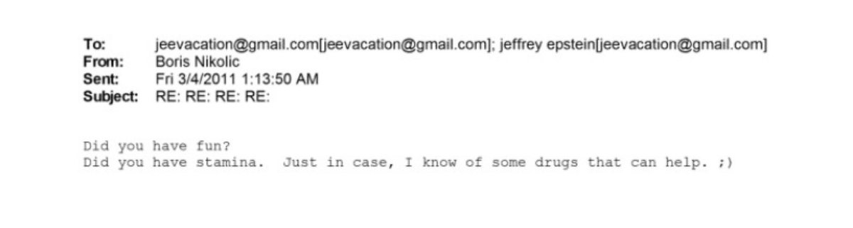 BREAKING 🚨: Email to Epstein asks if he needs pills for sex: “Did you have fun? Did you have stamina. Just in case, I know of some drugs that can help. ;)”