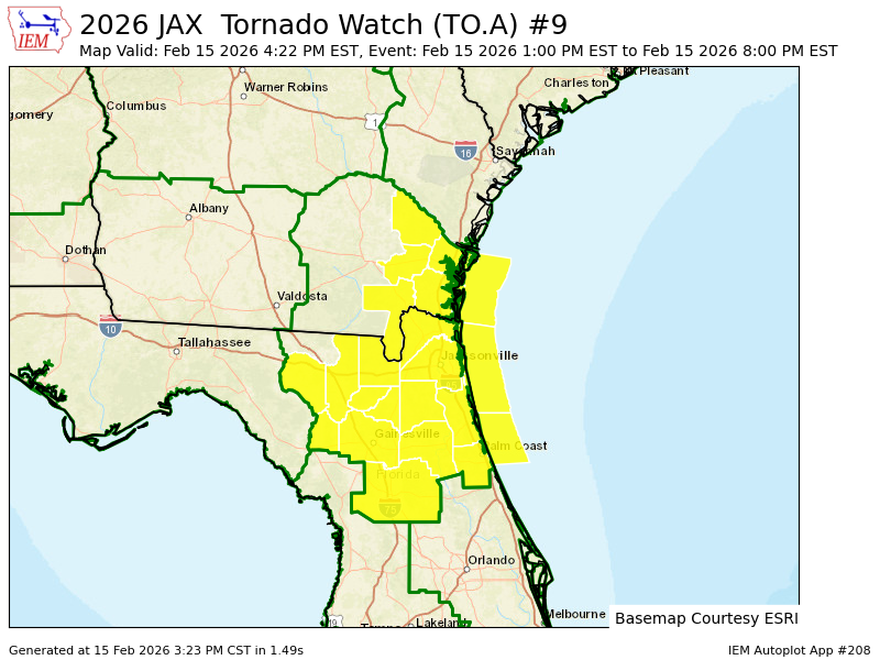 JAX updates Tornado Watch (cancels 5 counties, continues 22 areas) till Feb 15, 8:00 PM EST mesonet.agron.iastate.edu/vtec/f/2026-O-…